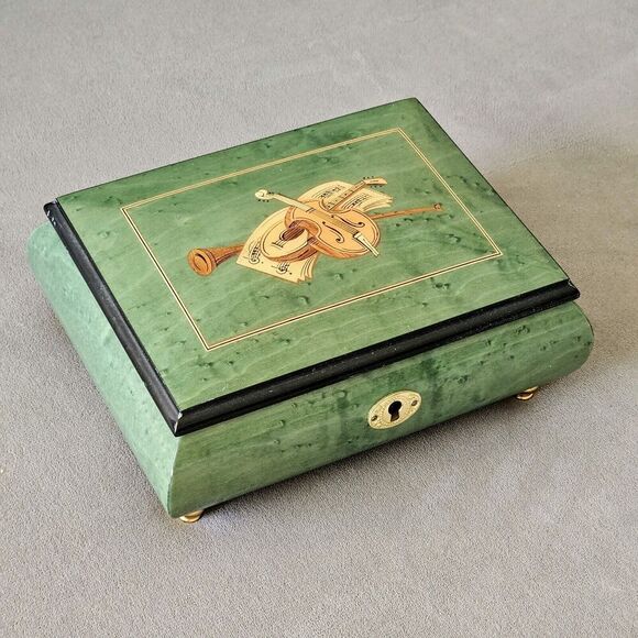 Other - Vintage Hand Crafted Natural Wood Green Musical Jewelry Box